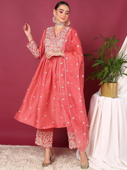 vaamsi pink embroidered kurta with pant & dupatta