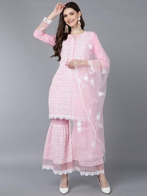 vaamsi pink embroidered kurti sharara set with dupatta