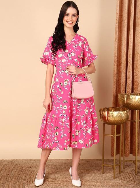 vaamsi pink floral print a-line dress