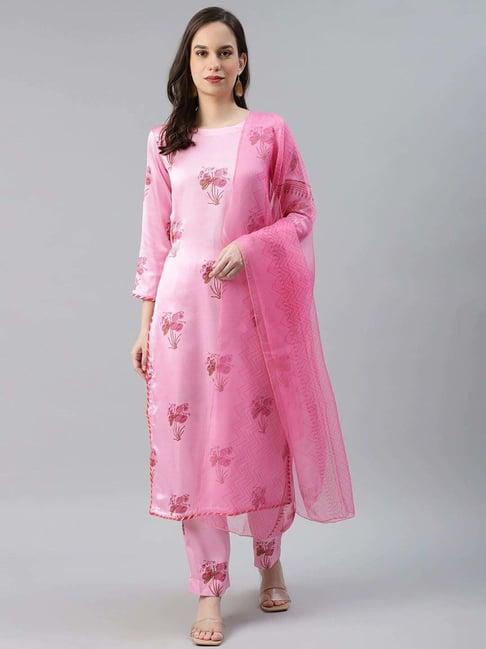vaamsi pink floral print kurta pant set with dupatta