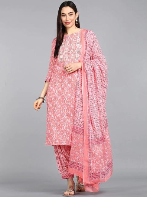 vaamsi pink pure cotton embroidered kurta pant set with dupatta
