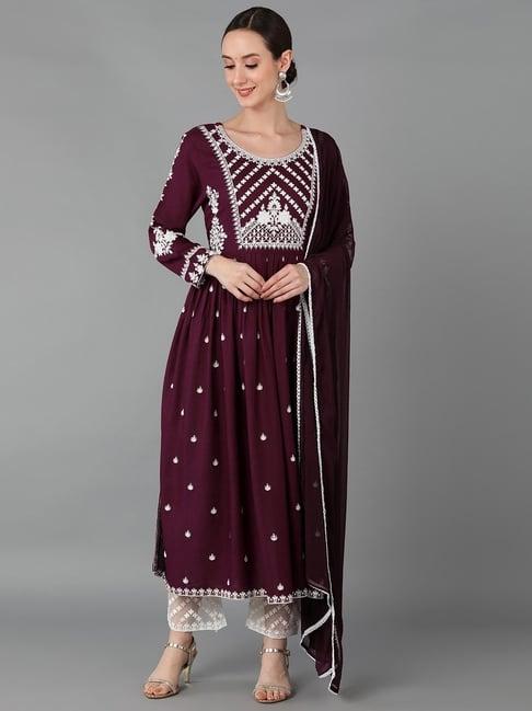 vaamsi purple & white embroidered kurta pant set with dupatta