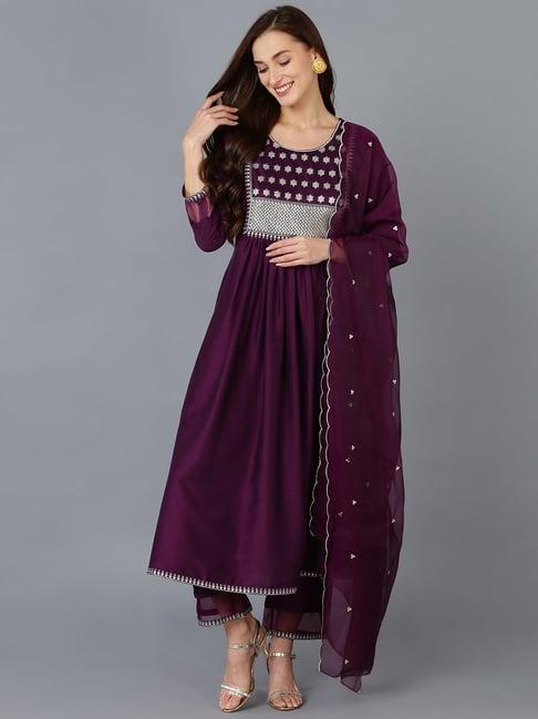 vaamsi purple embellished kurta pant set with dupatta