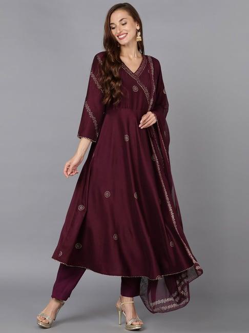 vaamsi purple woven pattern kurta pant set with dupatta
