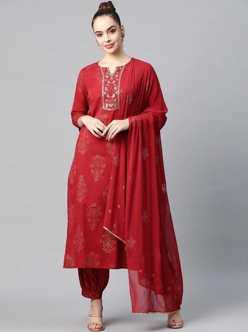 vaamsi red cotton embroidered kurta salwar set with dupatta