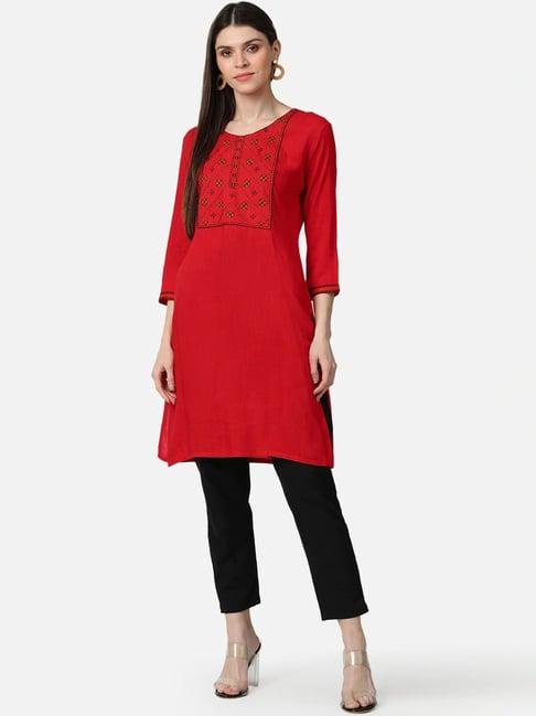 vaamsi red cotton embroidered straight kurti