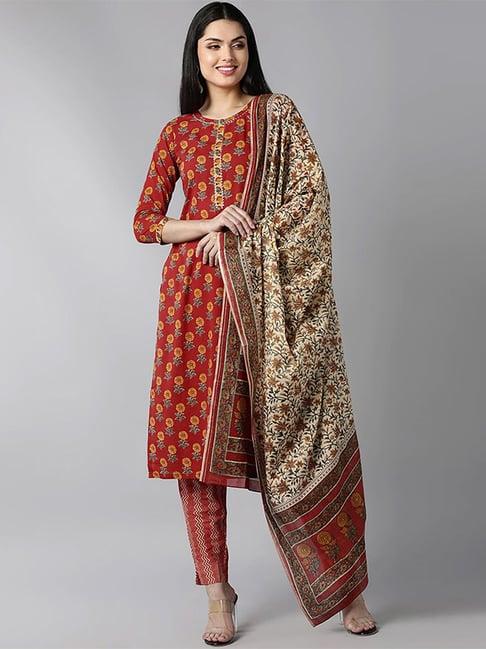 vaamsi red cotton floral print kurta pant set with dupatta