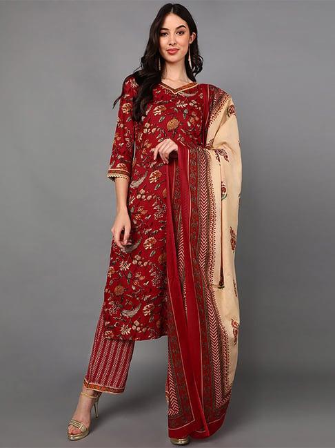 vaamsi red cotton floral print kurta pant set with dupatta