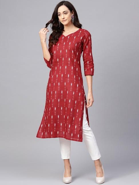 vaamsi red cotton printed straight kurta