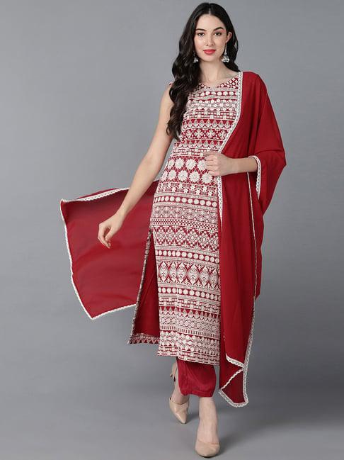 vaamsi red embroidered kurta pant set with dupatta