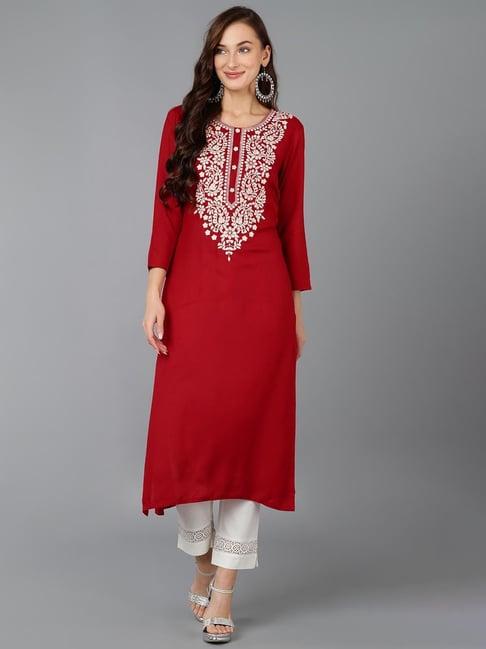 vaamsi red embroidered straight kurta