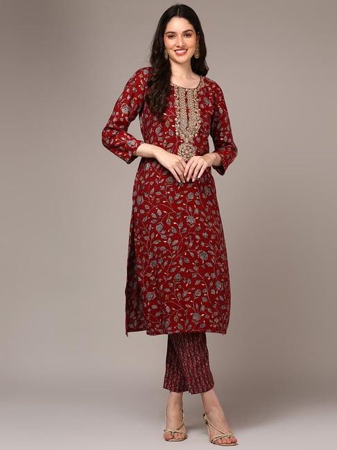 vaamsi red embroidered straight kurta