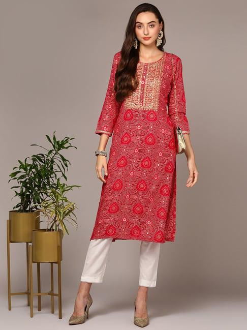 vaamsi red embroidered straight kurta