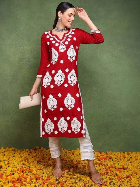 vaamsi red embroidered straight kurta
