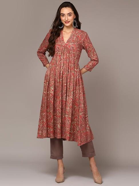 vaamsi red floral print anarkali kurta