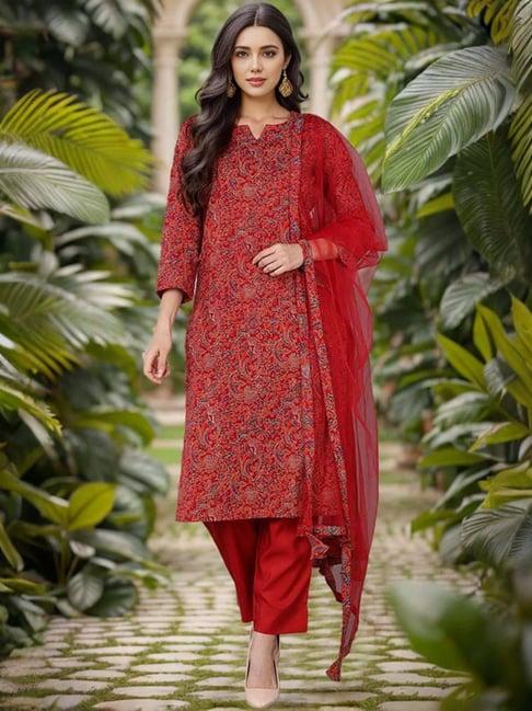 vaamsi red rayon floral print kurta pant set with dupatta