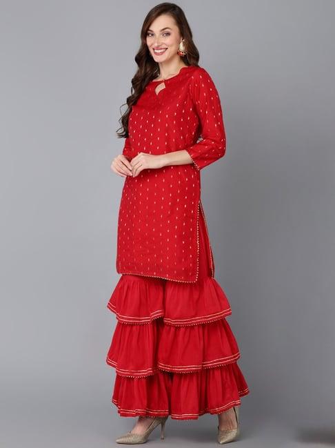 vaamsi red woven pattern kurti sharara set with dupatta