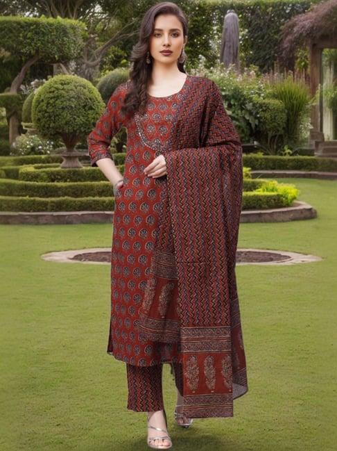 vaamsi rust rayon floral print kurta pant set with dupatta