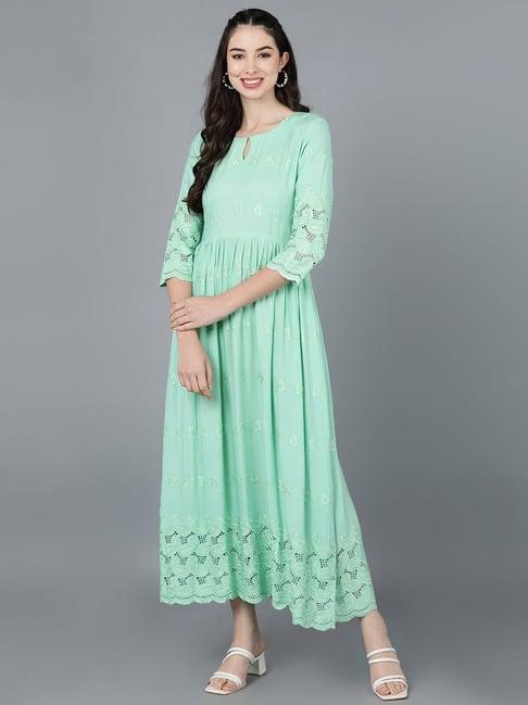vaamsi sea green cotton embroidered maxi dress
