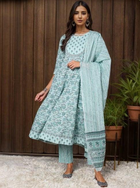 vaamsi sea green cotton floral print kurta pant set with dupatta