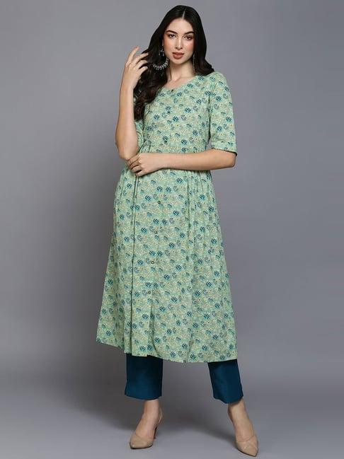 vaamsi sea green cotton printed a-line kurta