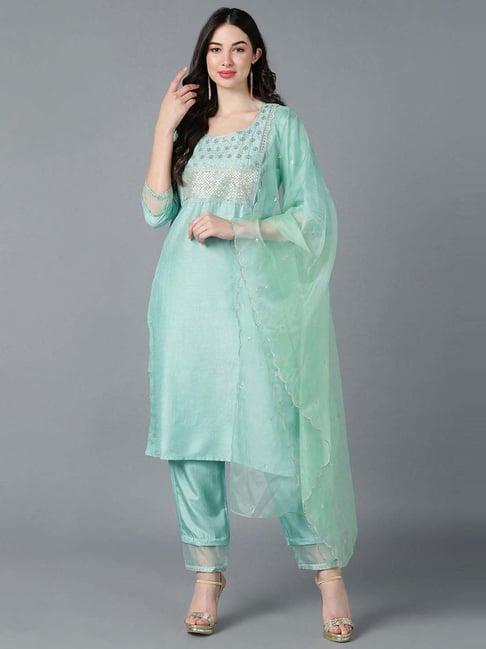 vaamsi sea green embellished kurta pant set with dupatta