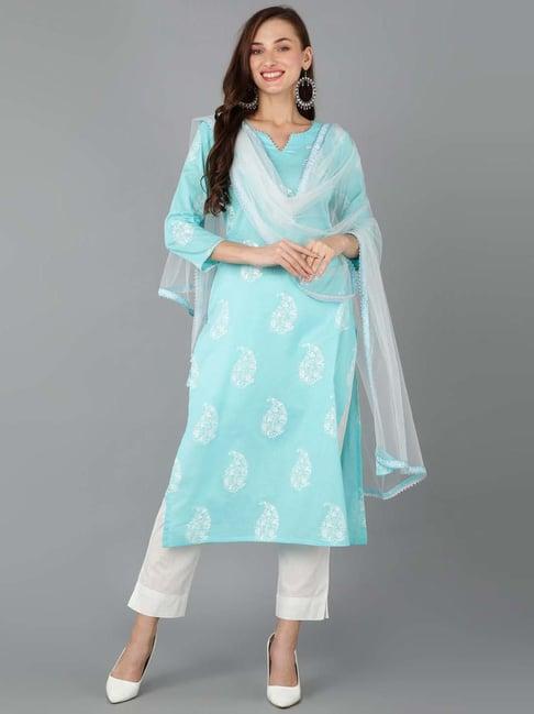 vaamsi sky blue rayon paisley print kurta pant set with dupatta