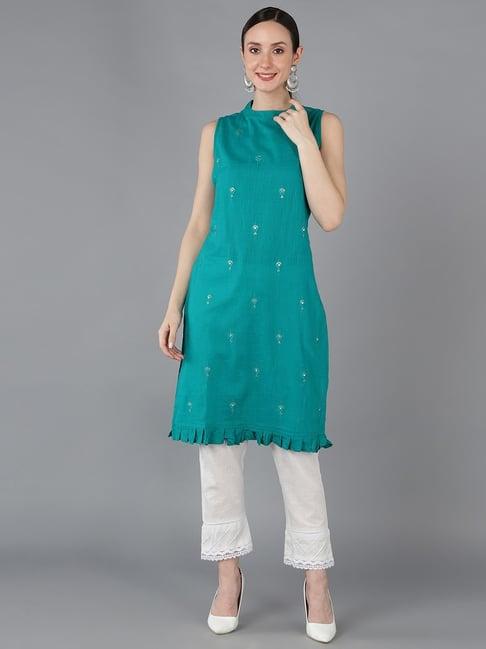 vaamsi teal blue cotton embellished straight kurti
