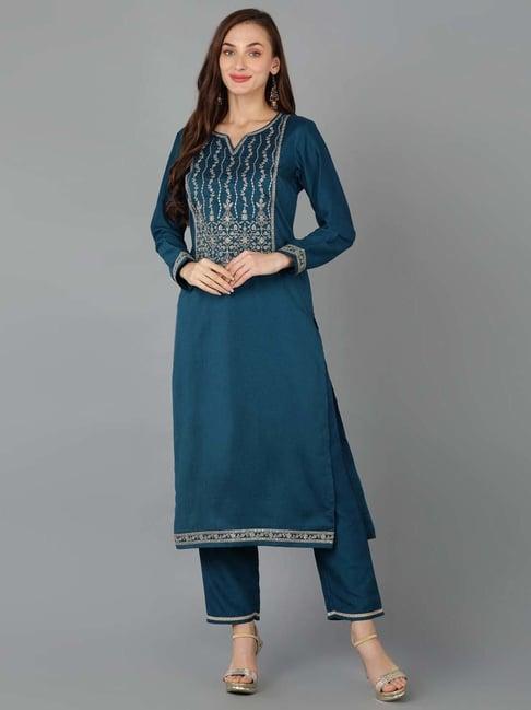 vaamsi teal blue embellished straight kurta