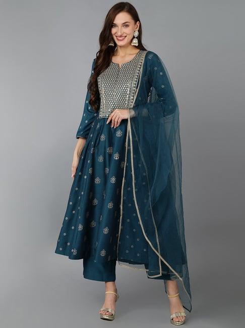 vaamsi teal blue embroidered kurta palazzo set with dupatta