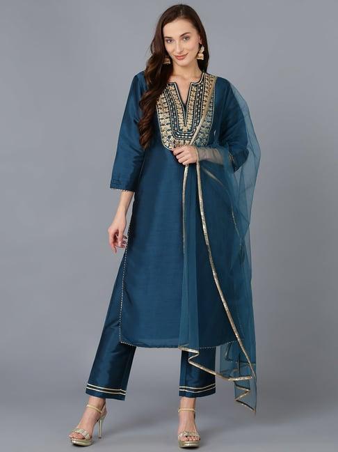 vaamsi teal blue embroidered kurta pant set with dupatta