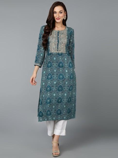 vaamsi teal blue embroidered straight kurta