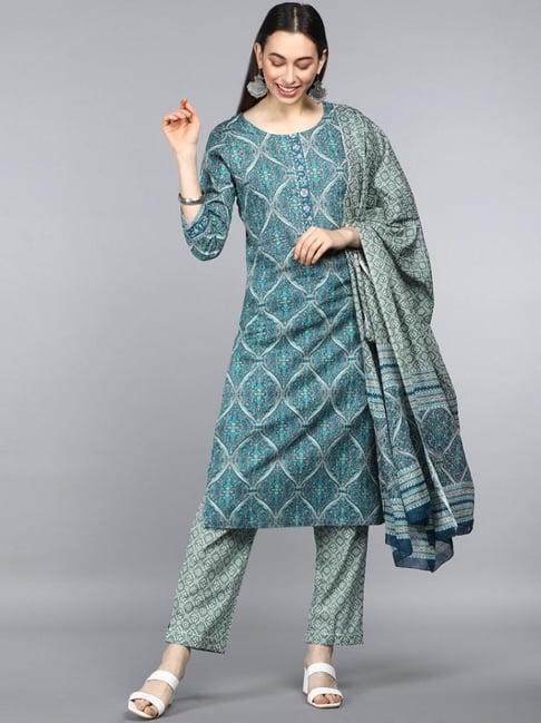 vaamsi teal blue pure cotton floral print kurta pant set with dupatta