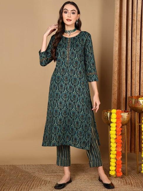 vaamsi teal floral print kurta pant set