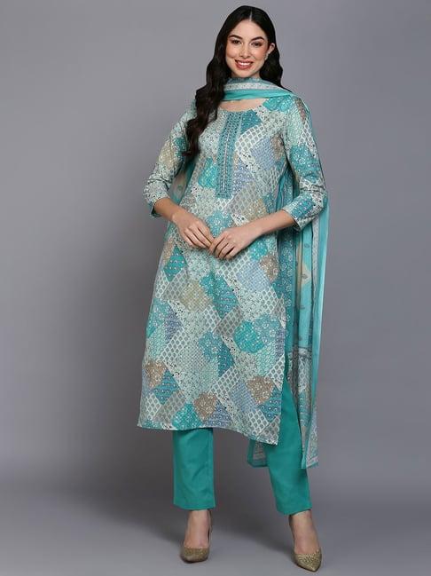 vaamsi turquoise cotton printed kurta pant set with dupatta