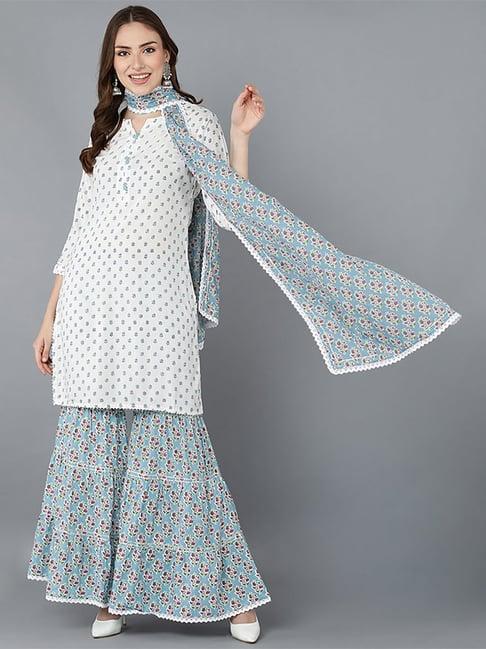 vaamsi white & blue cotton floral print kurti sharara set with dupatta