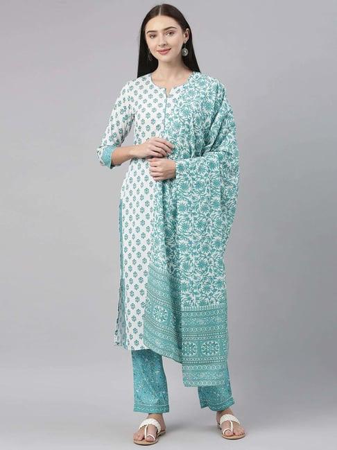 vaamsi white & blue floral print kurta pant set with dupatta