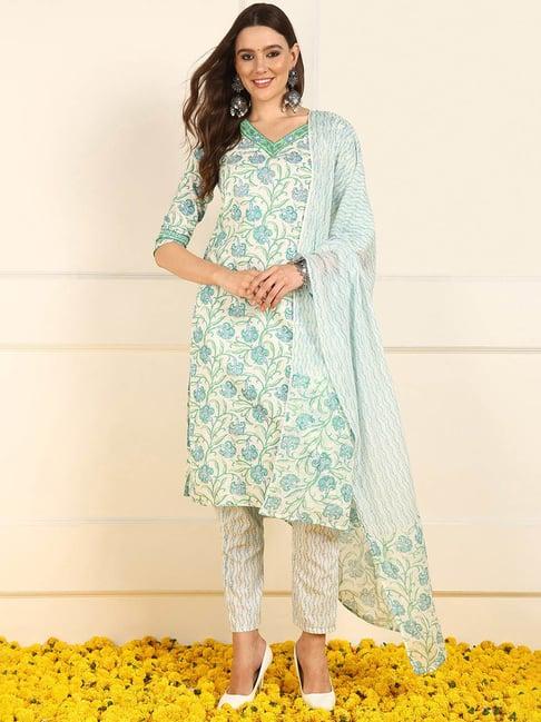 vaamsi white & blue pure cotton floral kurta with pant & dupatta