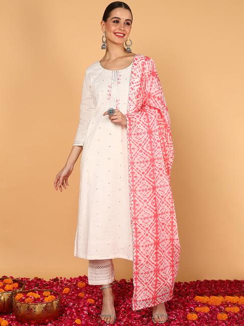 vaamsi white & pink embroidered kurta with pant & dupatta