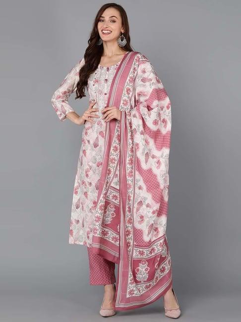 vaamsi white & pink floral print kurta pant set with dupatta