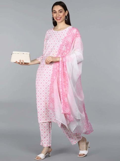 vaamsi white & pink printed kurta pant set with dupatta
