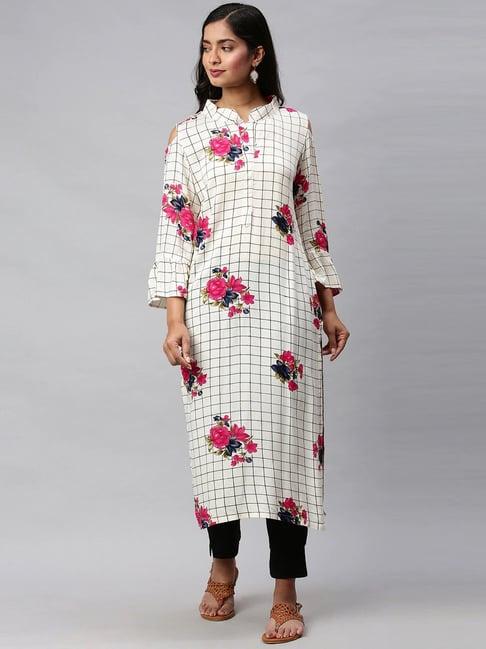 vaamsi white floral print straight kurta