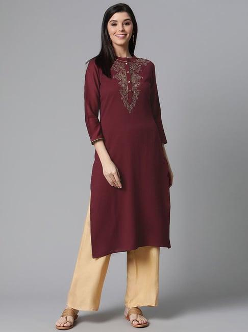 vaamsi wine cotton embellished straight kurta