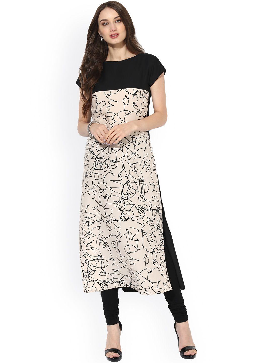 vaamsi women beige & black digital print straight kurta