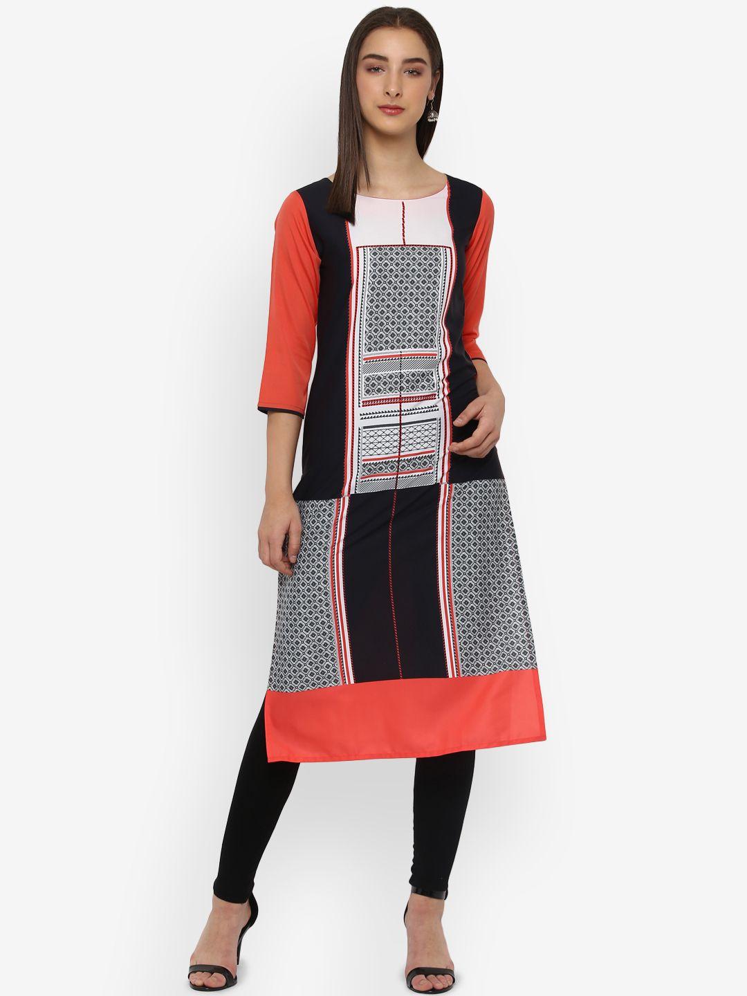 vaamsi women black & white printed straight kurta