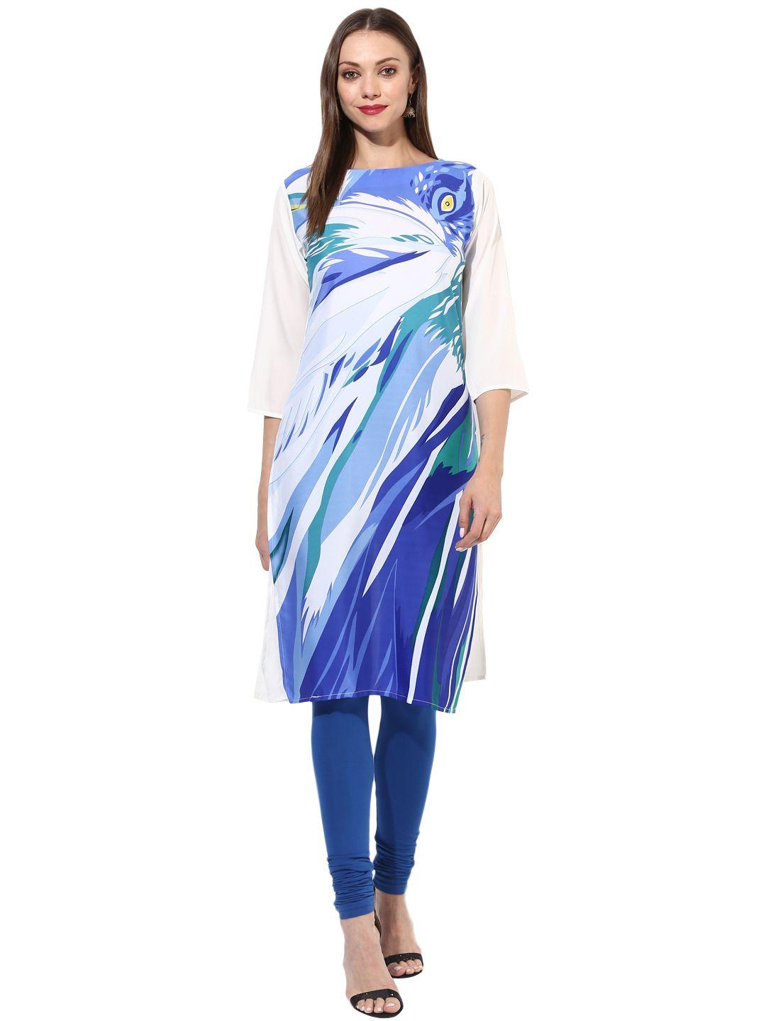 vaamsi women blue & white printed straight kurta