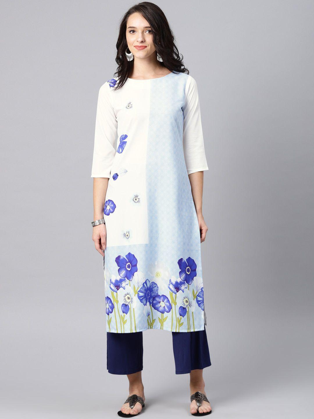 vaamsi women white & blue floral print straight kurta