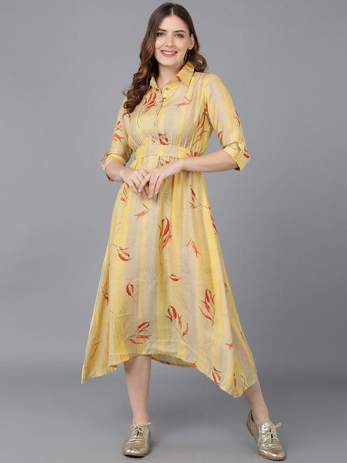 vaamsi yellow & beige printed a-line dress