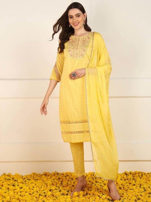 vaamsi yellow cotton embroidered kurta pant set with dupatta