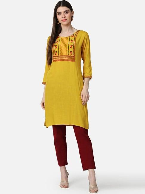 vaamsi yellow cotton embroidered straight kurti